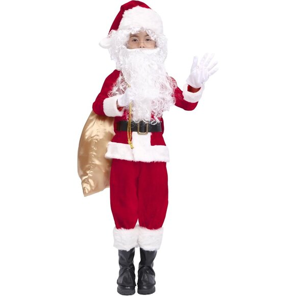 Kids Red 11 Pieces Deluxe Imported Suit Christmas Party Santa Claus Cosplay Set - Picture 3 of 8